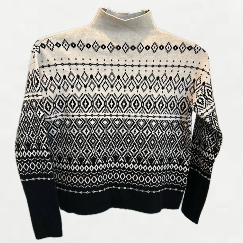 Joie Fair Isle Patterne Mock Neck Soft Pullover Sweater Black White SZ Xs